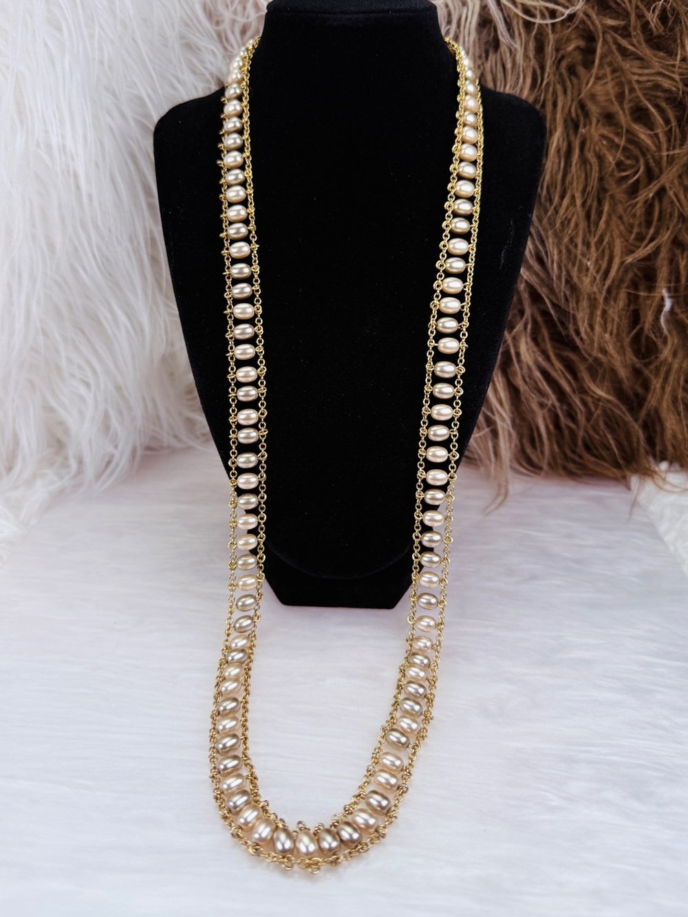 Vintage Goldtone Faux Pearl Long Station Necklace Double Chain Elegant